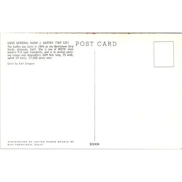 USNS General Hugh J. Gaffey Bethlehem Ship Yards Vintage Postcard SPZ19 - Picture 2 of 2